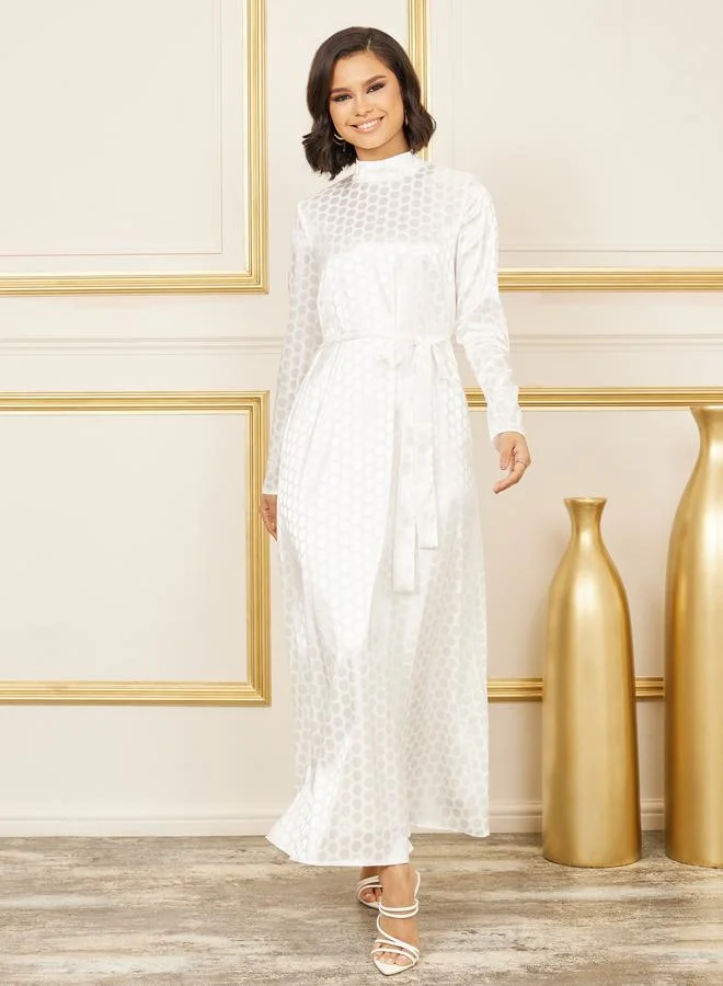 Styli Satin Jacquard Print High Neck A-Line Maxi Dress with Self Tie Up