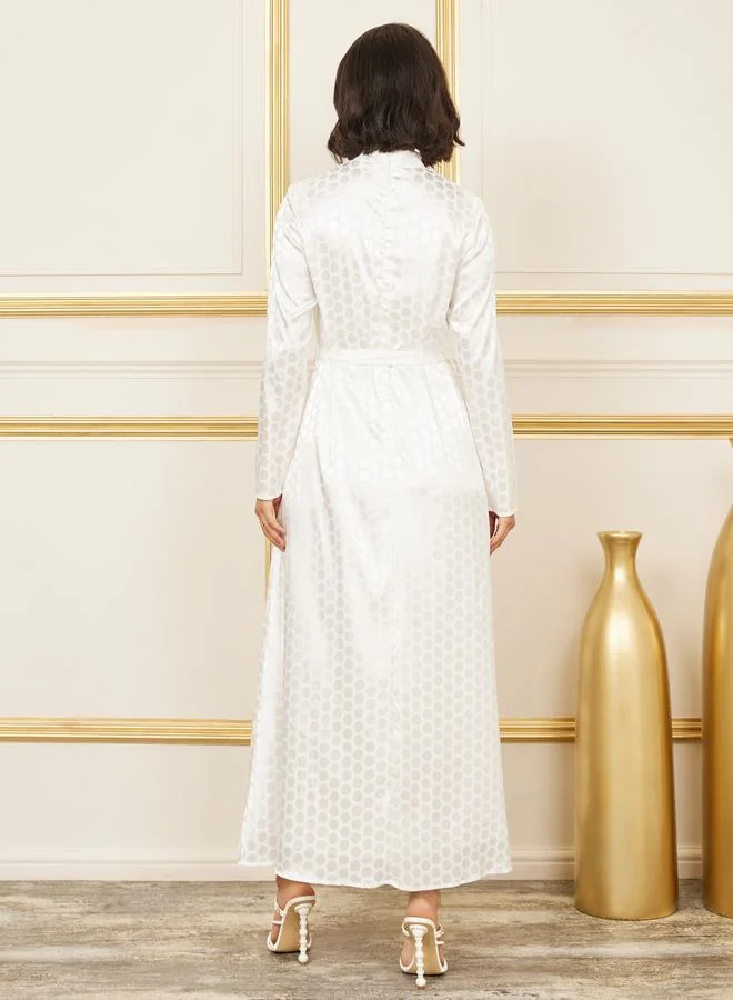 Styli Satin Jacquard Print High Neck A-Line Maxi Dress with Self Tie Up