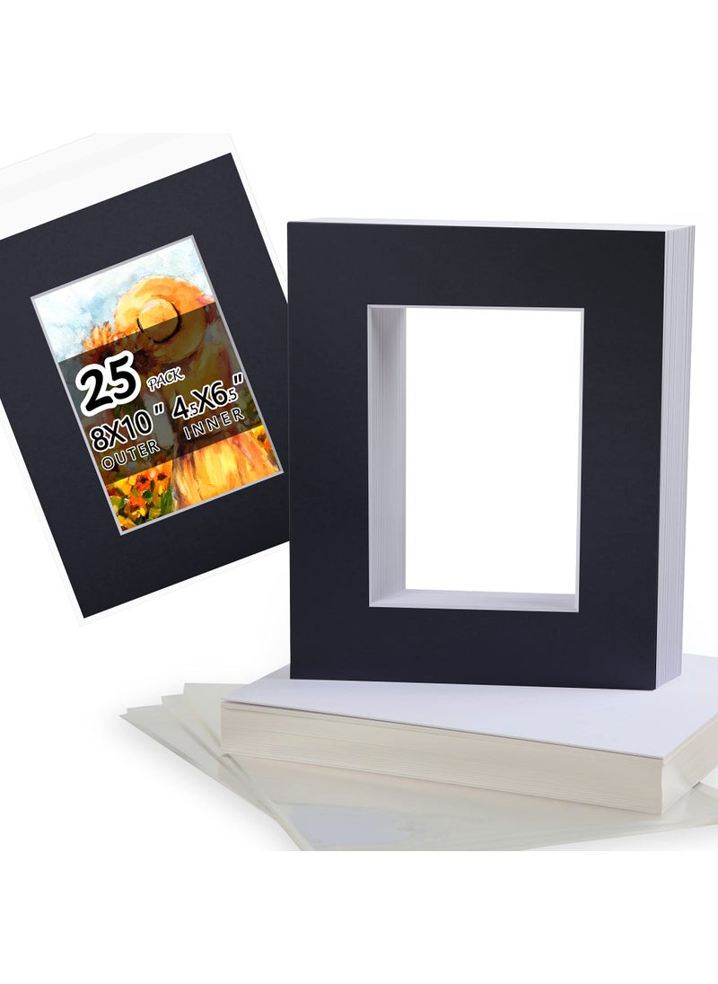Falling In art Acid Free 8x10 Pre-cut Picture Mat Board Kit for 5x7 Photo  Includes 25 Black core Bevel cut Mattes  25 Backing Boards  25 crystal clear Bags 