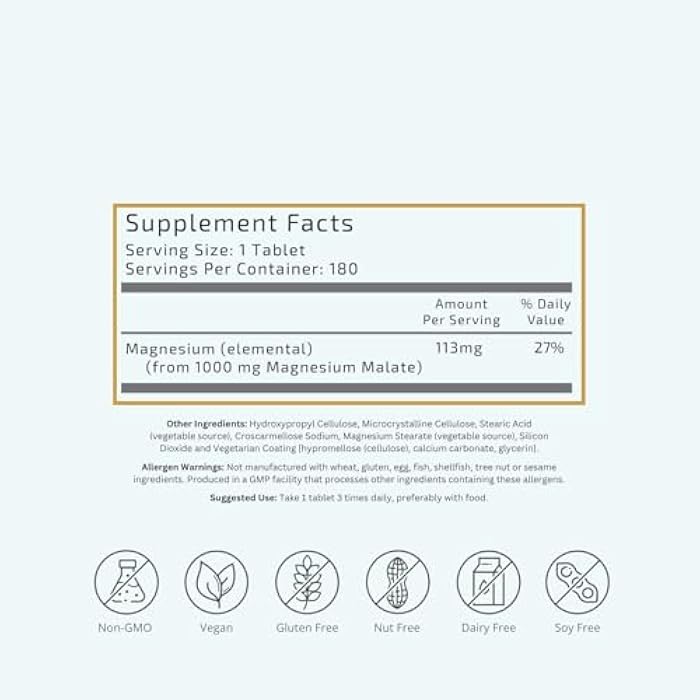VTC VitaTradingCo. Magnesium Malate | 113mg Elemental Magnesium | Cofactor for 300+ Enzymes | Gentle & Highly Absorbable | Nervous System, Muscle, & Bone Support | 180 Tablets - Image 2