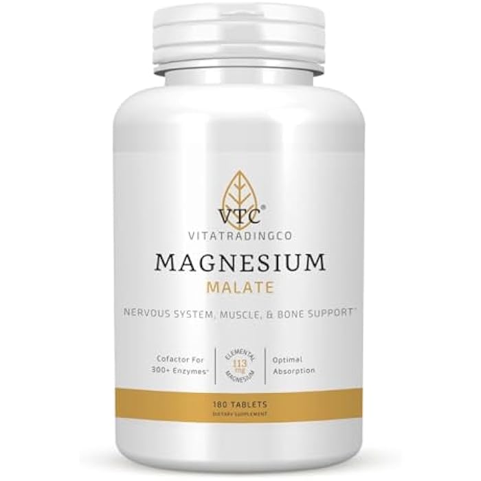 VTC VitaTradingCo. Magnesium Malate | 113mg Elemental Magnesium | Cofactor for 300+ Enzymes | Gentle & Highly Absorbable | Nervous System, Muscle, & Bone Support | 180 Tablets - Image 1