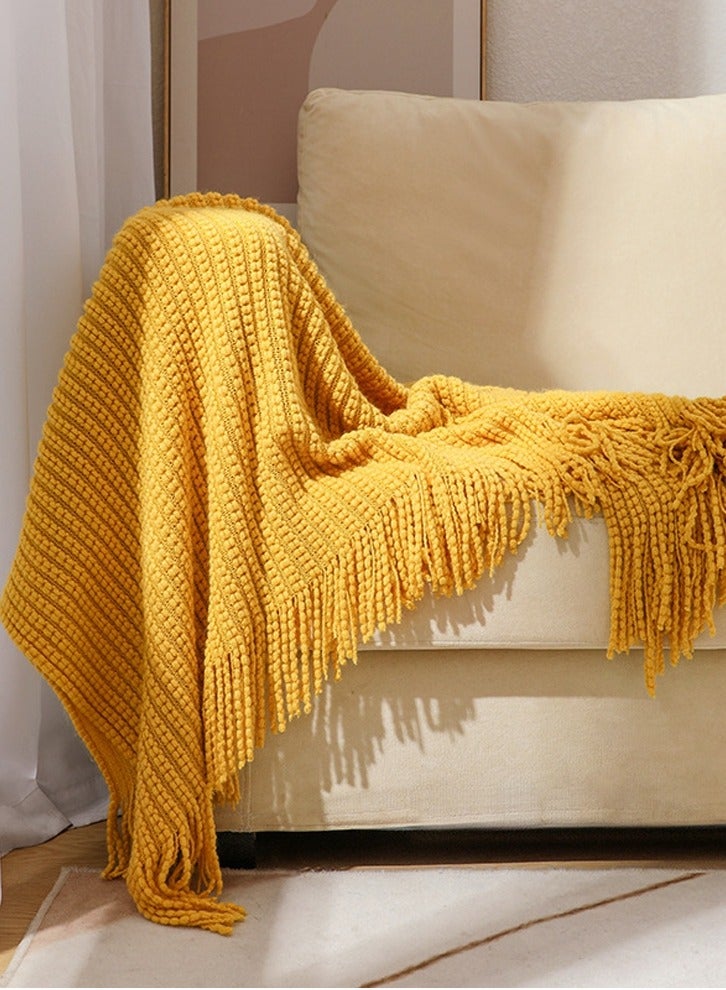 إسكدنيا لون نقي شرابة تصميم محبوك بطانية ناعمة دافئة صفراء - Image 2