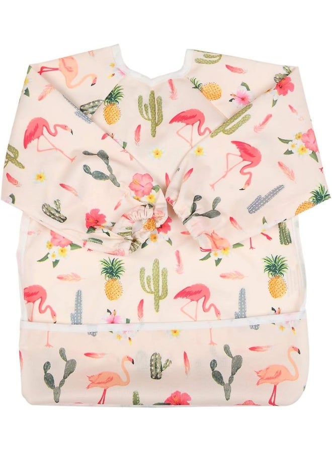Sigzagor Sigzagor Baby Bib Sleeved Shirt with Pocket 1-3 Years Old Toddler Painting for Girls (Flamingo Cactus) - Image 1