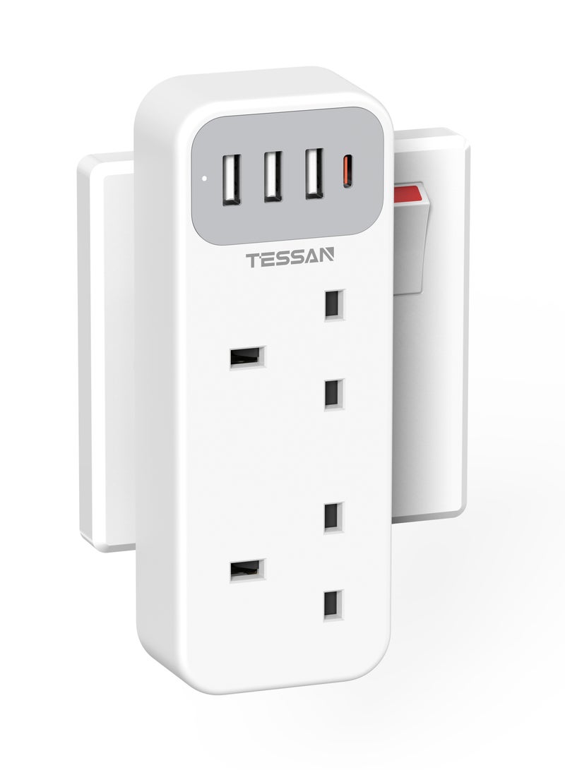 TESSAN Double Plug Adaptor with 4 USB(2 USB C), 2 Way Multi Plug Extension Adapter, UK 13A Fuse Multiplug Sockets Power Extender TESSAN 6 In 1 Multi Plug Extension Socket Multiplug Extender Wall Charger, Universal Plug Adapter, Charging Station for Home, Kitchen, Office, School Supplies - Image 1