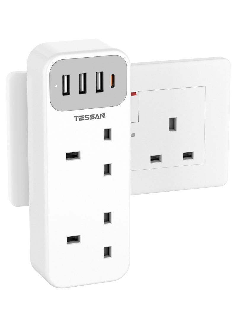 TESSAN Double Plug Adaptor with 4 USB(2 USB C), 2 Way Multi Plug Extension Adapter, UK 13A Fuse Multiplug Sockets Power Extender TESSAN 6 In 1 Multi Plug Extension Socket Multiplug Extender Wall Charger, Universal Plug Adapter, Charging Station for Home, Kitchen, Office, School Supplies - Image 2