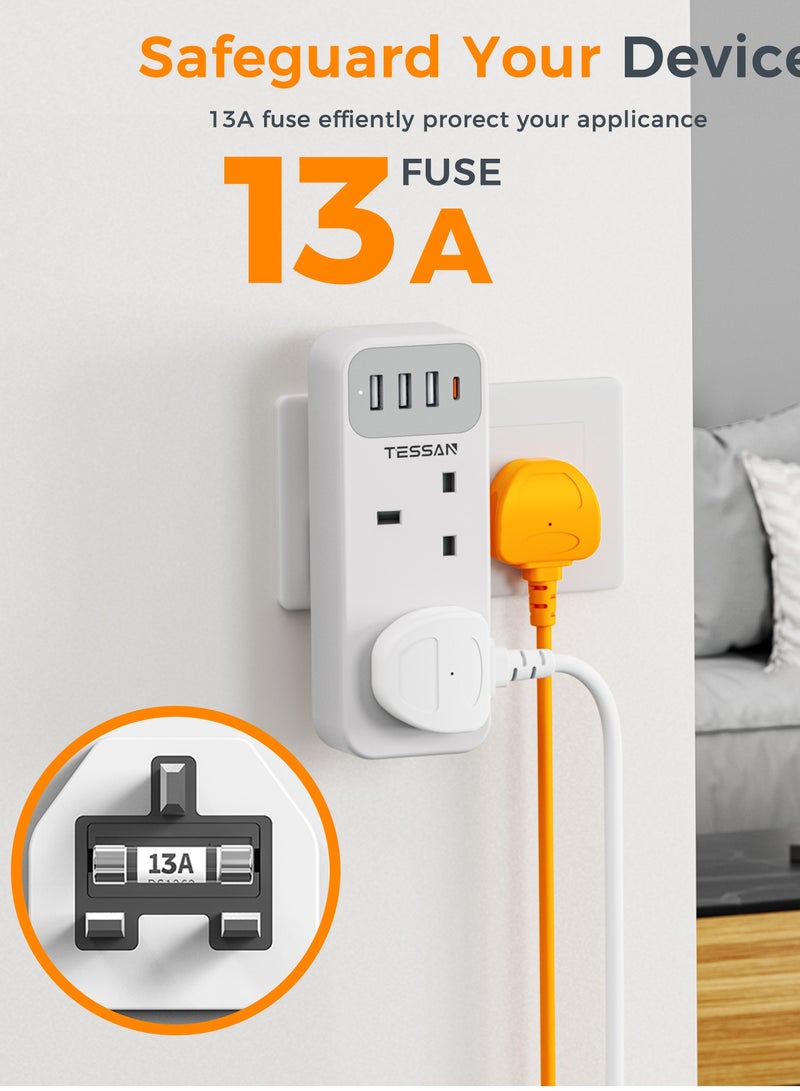TESSAN Double Plug Adaptor with 4 USB(2 USB C), 2 Way Multi Plug Extension Adapter, UK 13A Fuse Multiplug Sockets Power Extender TESSAN 6 In 1 Multi Plug Extension Socket Multiplug Extender Wall Charger, Universal Plug Adapter, Charging Station for Home, Kitchen, Office, School Supplies - Image 3