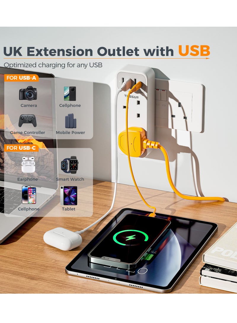 TESSAN Double Plug Adaptor with 4 USB(2 USB C), 2 Way Multi Plug Extension Adapter, UK 13A Fuse Multiplug Sockets Power Extender TESSAN 6 In 1 Multi Plug Extension Socket Multiplug Extender Wall Charger, Universal Plug Adapter, Charging Station for Home, Kitchen, Office, School Supplies - Image 5