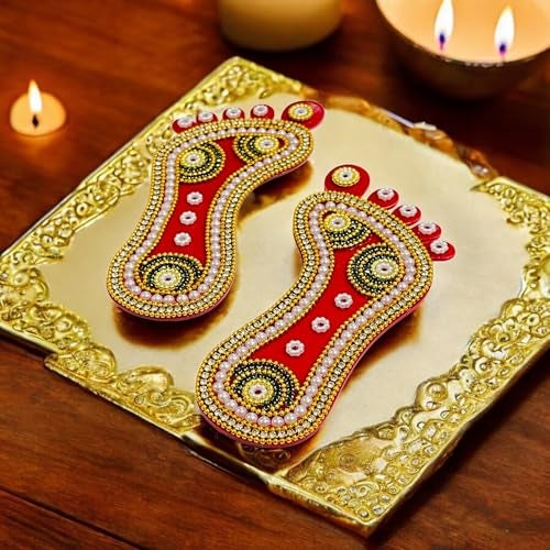 KRIWIN Decorative Laxmi Charan Paduka, 5 inch Embellished Footprints, Religious Festival Decor (Stones) - Image 2