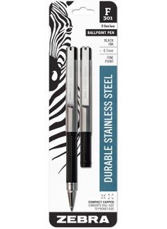 ZEBRA 2 Piece F-301 Compact Ballpoint Pens 0.7mm Stainless Steel Barrel Black Ink Smooth Writing 