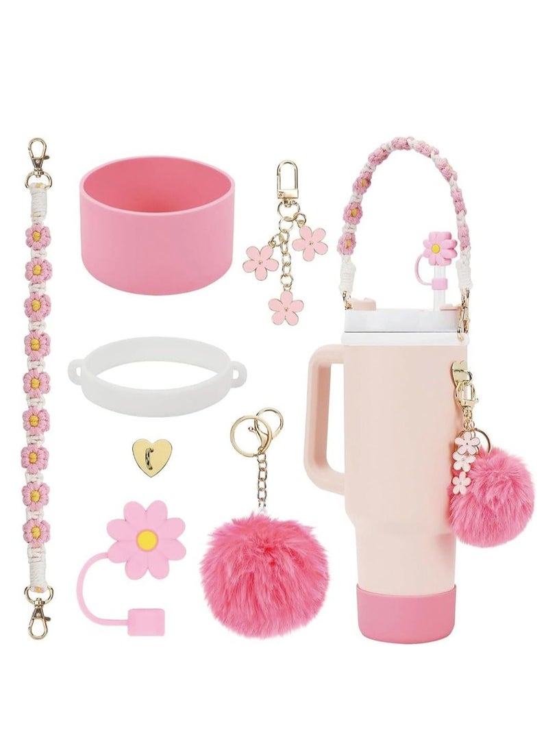 7pcs Cup Accessories for Set Including 1 Pcs Water Bottle Handle Strap 1 Pcs Siliocne Cup Boot 1 Pcs Siliocne Straw Cover, 2 Pcs Charms for Cup 40oz & 30oz Tumbler (Pink)