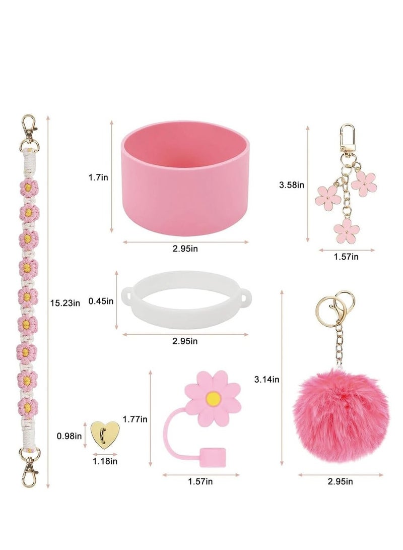 7pcs Cup Accessories for Set Including 1 Pcs Water Bottle Handle Strap 1 Pcs Siliocne Cup Boot 1 Pcs Siliocne Straw Cover, 2 Pcs Charms for Cup 40oz & 30oz Tumbler (Pink)
