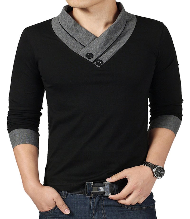 YTD Mens Cotton Casual V-Neck Button Slim Muscle Tops Tee Long Sleeve T-Shirts Large Black - Image 2