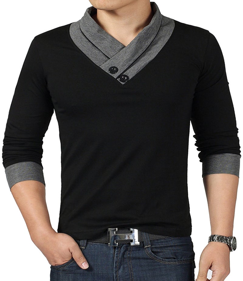 YTD Mens Cotton Casual V-Neck Button Slim Muscle Tops Tee Long Sleeve T-Shirts Large Black - Image 1