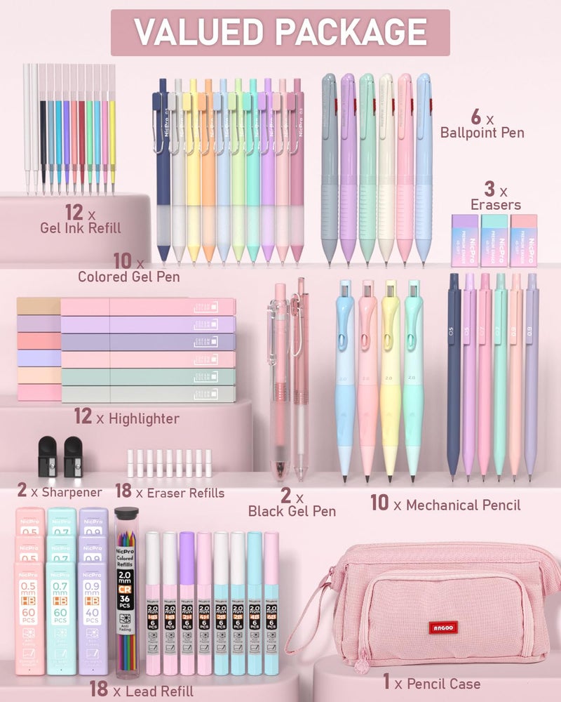 Nicpro 78 PCS Aesthetic School Supplies with Cute Pen Case, 12 Pastel Highlighters, 12 Color & Black Ink Gel Pens, 10 Mechanical Pencils 0.5, 0.7, 0.9, 2.0 mm, 6 Multicolor Pen for Student Stationary - Image 2