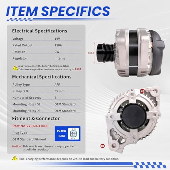 TSSLIIN High Output Alternator fit for-Lexus GS350 2007-2011 V6 3.5L, IS350 2006-2013 V6 3.5L, IS250 2006-2013 V6 2.5L, GS300 2006 V6 3.0L, 150Amp 12V, Upgrade Alternador Replacement OE 27060-31060 - Image 3