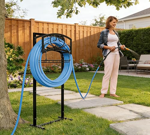 Kingson Freestanding Garden Hose Holder with Storage Basket HeavyDuty Black PowderCoated Steel Holds 150FT Hose Detachable Portable Design with Assembly Tools Ideal for Outdoor Use - Image 1