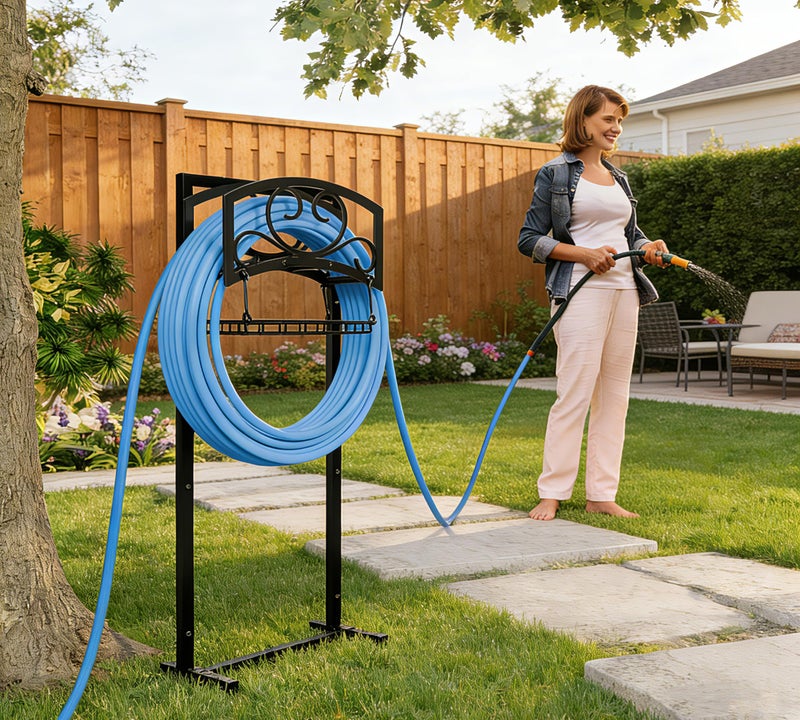 Kingson Freestanding Garden Hose Holder with Storage Basket HeavyDuty Black PowderCoated Steel Holds 150FT Hose Detachable Portable Design with Assembly Tools Ideal for Outdoor Use - Image 2