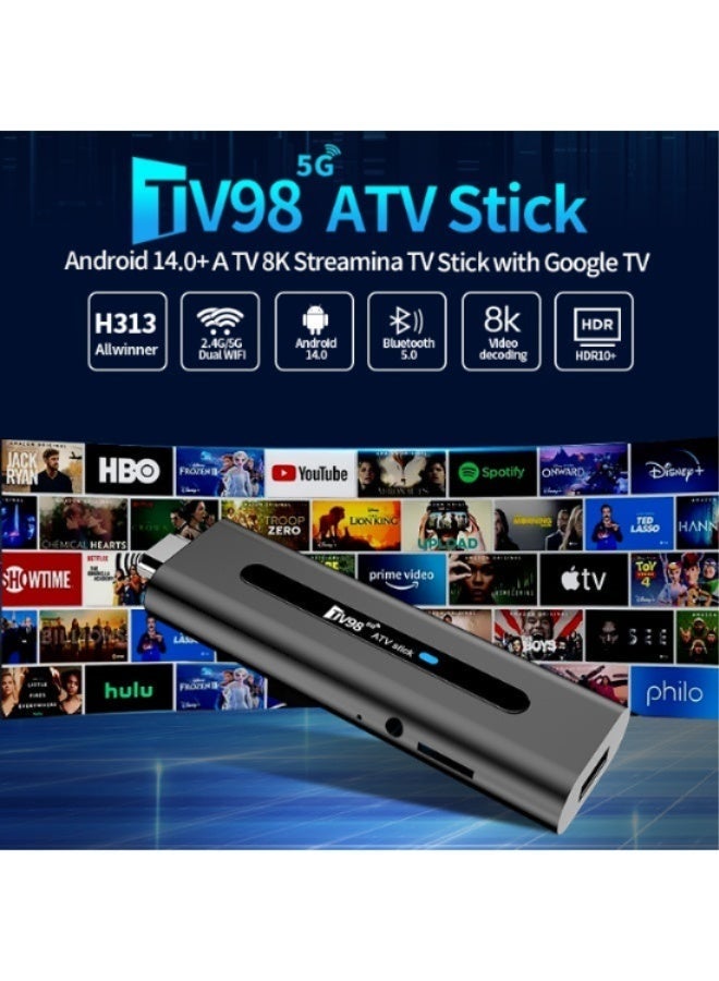 تلفزيون جهاز استقبال تلفزيوني ذكي TV98 ATV بنظام أندرويد 14، يدعم دقة 8K، وترددات 2.4 جيجاهرتز و5 جيجاهرتز، وواي فاي مزدوج، وبلوتوث 5.0، وتقنية HDR10، وجهاز تحكم عن بعد صوتي، ومشغل وسائط Globe H313، وذاكرة 2 جيجابايت + 16 جيجابايت. - Image 5