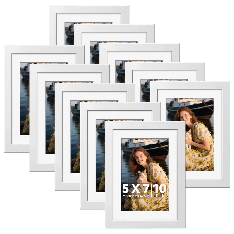 HappyHapi 5x7 Picture Frames Set of 10, White Picture Frames Display Pictures 4x6 with Mat or 5x7 Without, Tabletop or Wall Display, Multi Photo Frames Collage (White) - Image 1