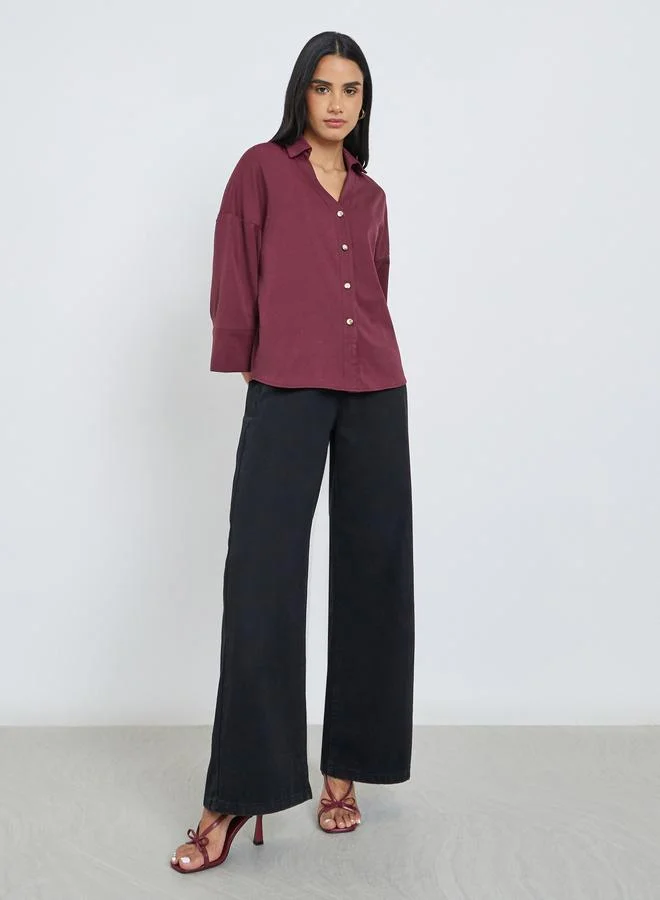 Styli Styli Solid Flared Sleeve Buttoned Short