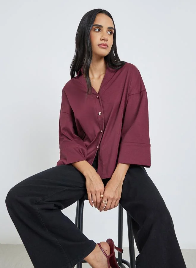 Styli Styli Solid Flared Sleeve Buttoned Short