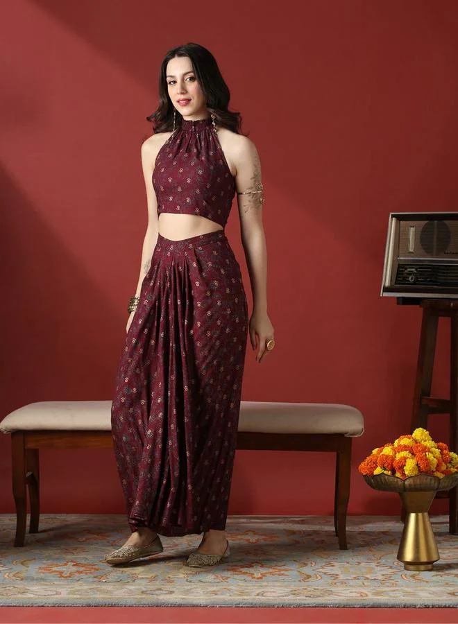 globus Women Halter Neck Crop Top and Pleated Maxi Skirt Fusion Co-Ords