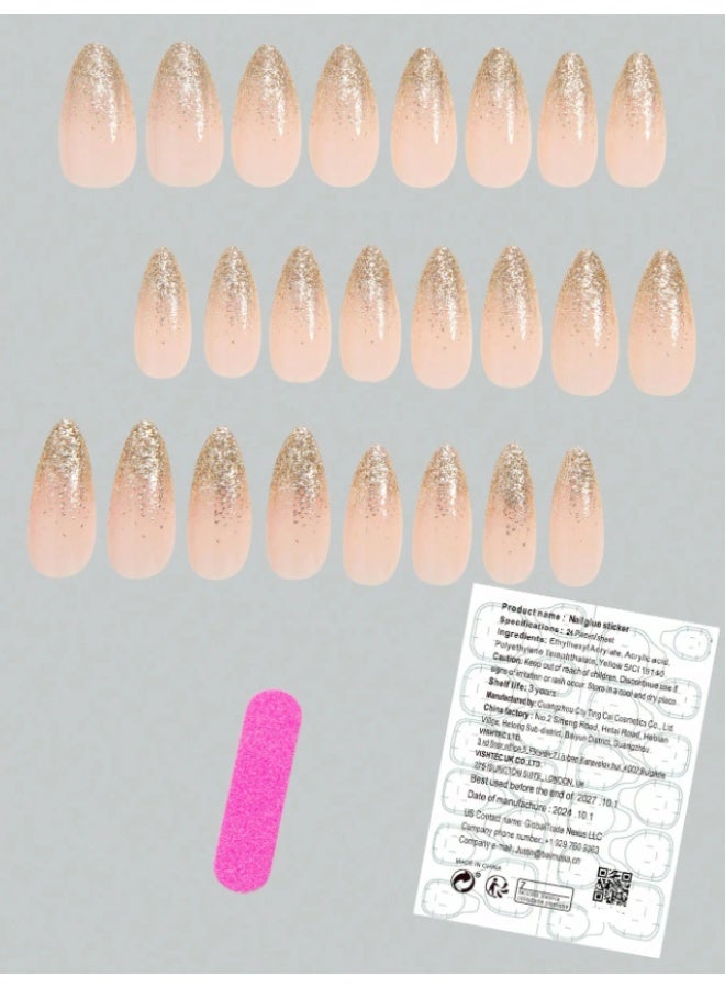 Tuline Medium almond-shaped artificial nails, in a glossy gradient gold color, 24 pieces - Image 3