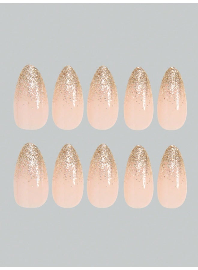 Tuline Medium almond-shaped artificial nails, in a glossy gradient gold color, 24 pieces - Image 4