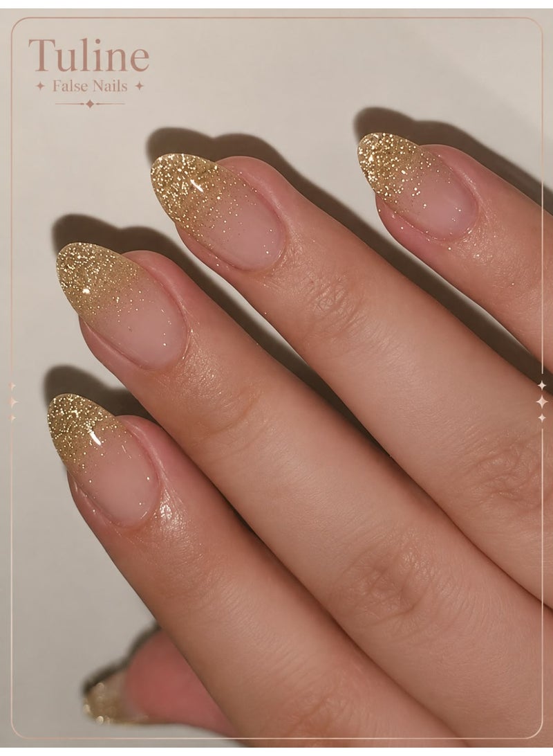 Tuline Medium almond-shaped artificial nails, in a glossy gradient gold color, 24 pieces - Image 1