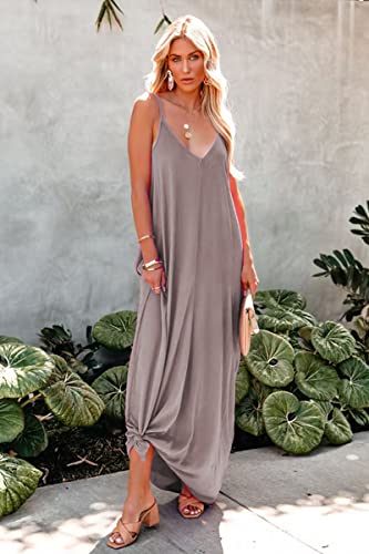 Poetsky Sleeveless Dress for Women Casual Plain Pockets Long Flowy Sundress (XL, Khaki) - Image 2