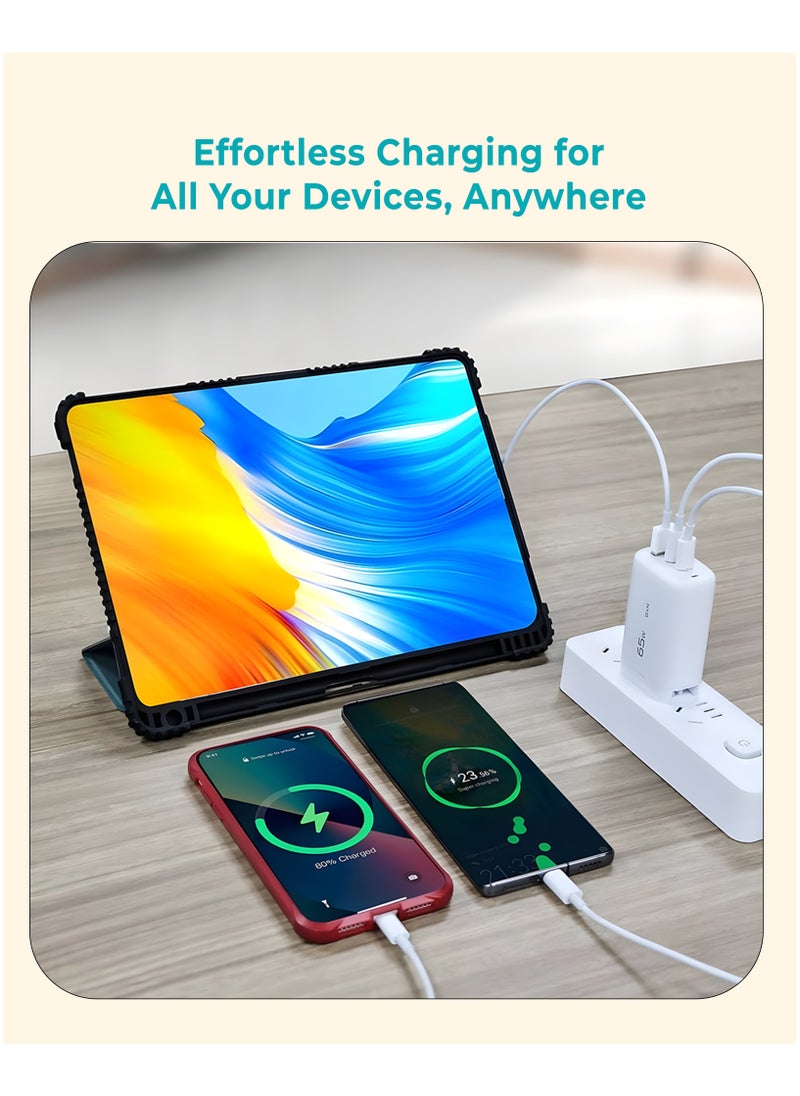 ZAUQ - 65Watt Gan USB C Charger - ZAUQ 3 Port Wall Adapter Fast Universal Travel Adapter Compatible with Laptops MacBook Pro/Air HP, Lenovo, Dell iPhone 15 Samsung, Xiaomi, Google Pixel, Huawei, OnePlus - Image 1