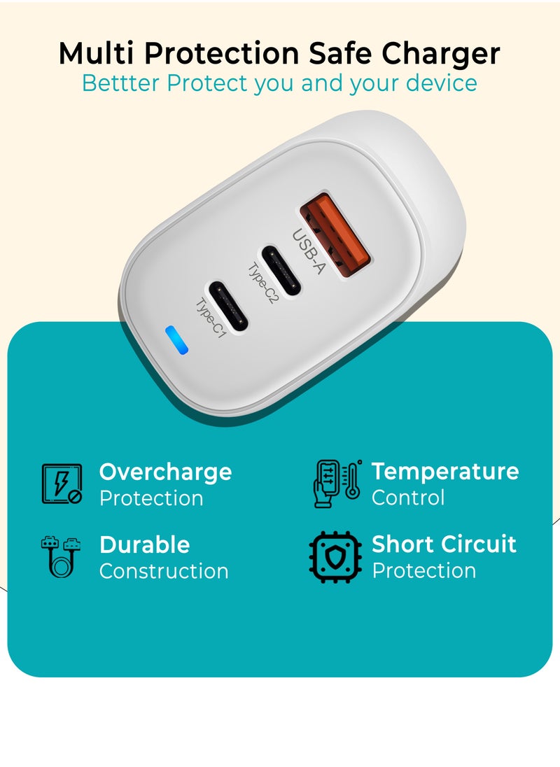 ZAUQ - 65Watt Gan USB C Charger - ZAUQ 3 Port Wall Adapter Fast Universal Travel Adapter Compatible with Laptops MacBook Pro/Air HP, Lenovo, Dell iPhone 15 Samsung, Xiaomi, Google Pixel, Huawei, OnePlus - Image 1