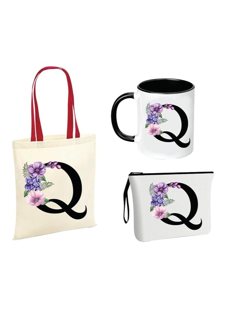 PRINTSHOP4ME Initial Letters Canvas Cotton Tote Bag With Red Handle and Cosmetic pouch for girls - Mug gifts - Pack of 3 Combo set -Giftset for wedding - Gifts for girls - Gift for friends - Image 1