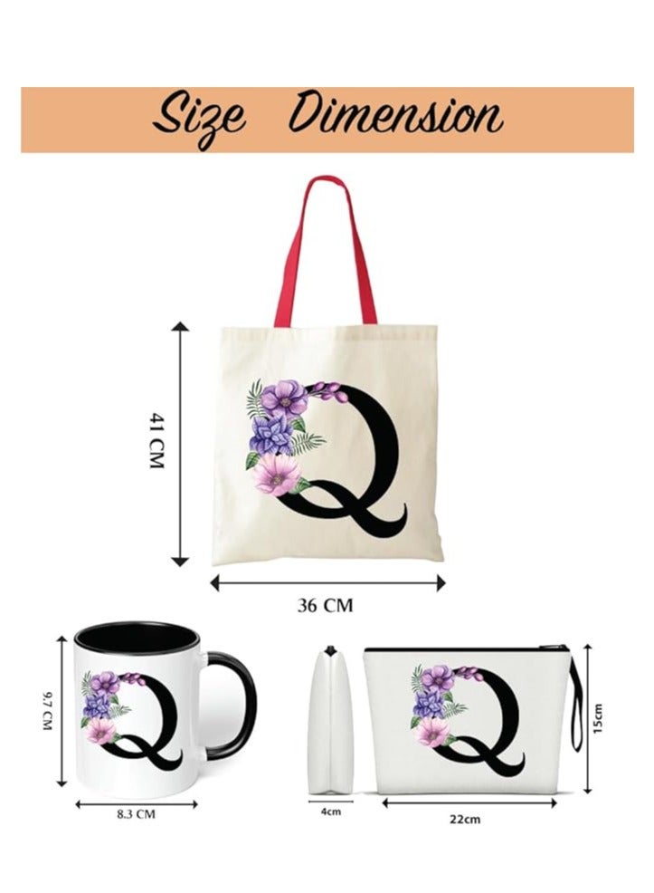 PRINTSHOP4ME Initial Letters Canvas Cotton Tote Bag With Red Handle and Cosmetic pouch for girls - Mug gifts - Pack of 3 Combo set -Giftset for wedding - Gifts for girls - Gift for friends - Image 3