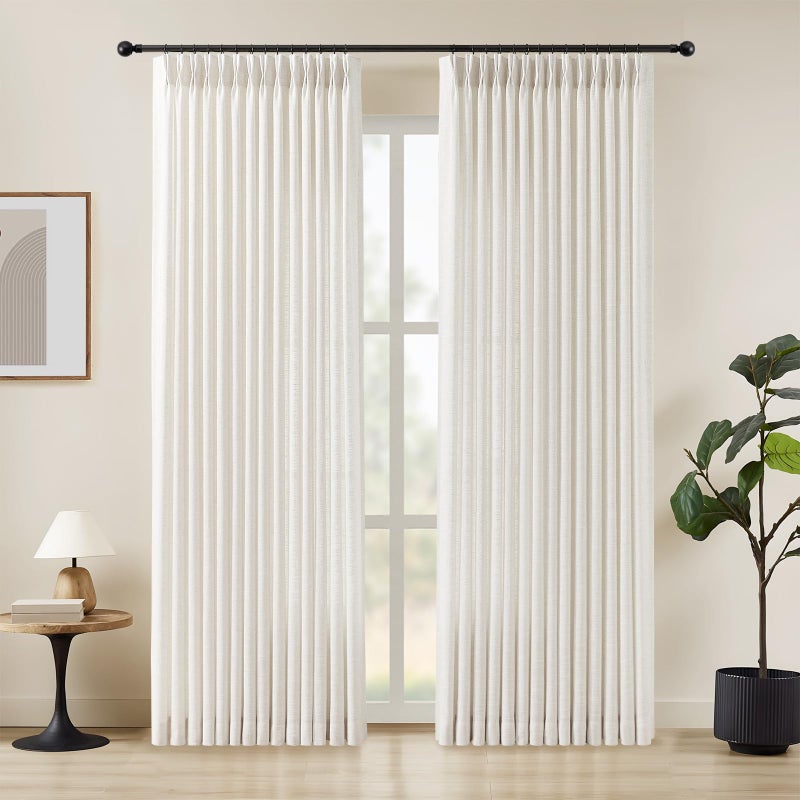 YZ HOME Pinch Pleated Linen Curtains 84 Inches Long for Living Room, Beige White Light Filtering Pleat Drapes Textured Thick Memory Trained Semi-Sheer Window Curtain with Hooks for Bedroom Farmhouse 2 Panels - Image 1