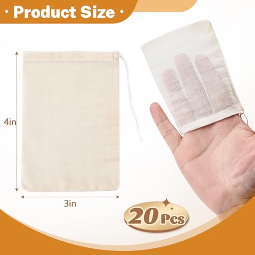 HyozorGo 20 Pcs Muslin Bags with Drawstring, Reusable Tea Bags, Spice Bags for Cooking Soup/Herb/Loose Leaf Tea, Natural Cotton Small Cheese Cloth Bag for Straining, Sachet Bags Empty, 4 X 3 Inches - Image 2