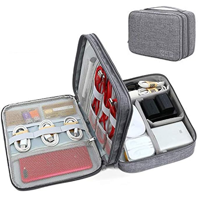 rayihni ELECTRONIC ORGANIZER TRAVEL UNIVERSAL ORGANIZER STORAGE BAG, THREE LAYER POLYESTER WATERPROOF TRAVE ACCESSORIE BAG WITH 4 REMOVABLE DIVISION POCKET FOR PEN, CAMERA, GRAY - Image 1