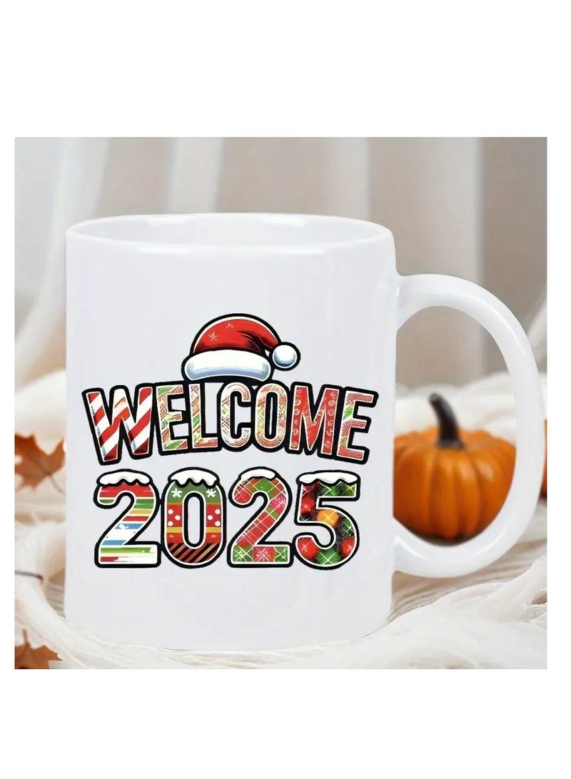 راين كوب قهوة سيراميكي من قطعة واحدة مطبوع عليه عبارة "عيد الميلاد ورأس السنة الجديدة 2025" - معزول وقابل لإعادة الاستخدام، مثالي لأعياد الميلاد والعطلات والكريسماس ورأس السنة الجديدة وعيد الحب - كوب أبيض - Image 2