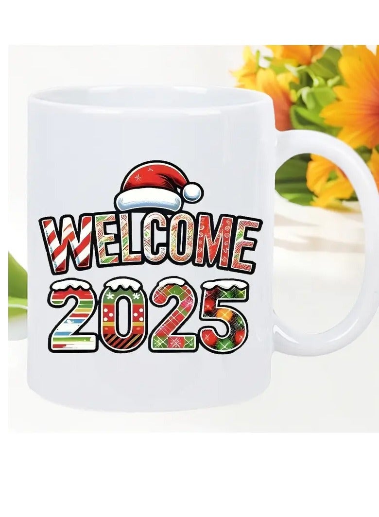 راين كوب قهوة سيراميكي من قطعة واحدة مطبوع عليه عبارة "عيد الميلاد ورأس السنة الجديدة 2025" - معزول وقابل لإعادة الاستخدام، مثالي لأعياد الميلاد والعطلات والكريسماس ورأس السنة الجديدة وعيد الحب - كوب أبيض - Image 3