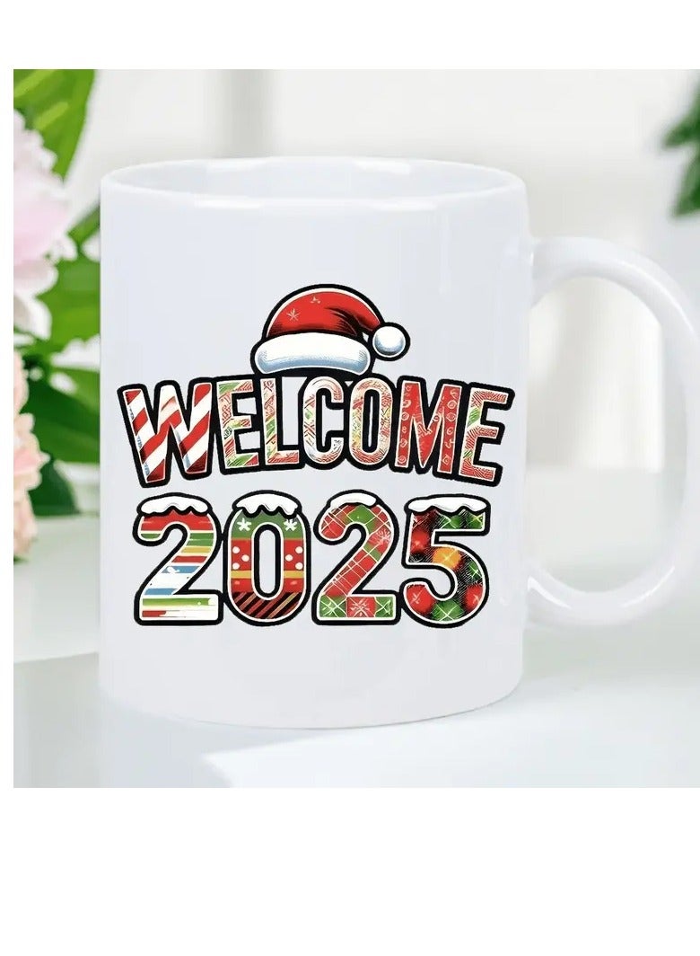 راين كوب قهوة سيراميكي من قطعة واحدة مطبوع عليه عبارة "عيد الميلاد ورأس السنة الجديدة 2025" - معزول وقابل لإعادة الاستخدام، مثالي لأعياد الميلاد والعطلات والكريسماس ورأس السنة الجديدة وعيد الحب - كوب أبيض - Image 4