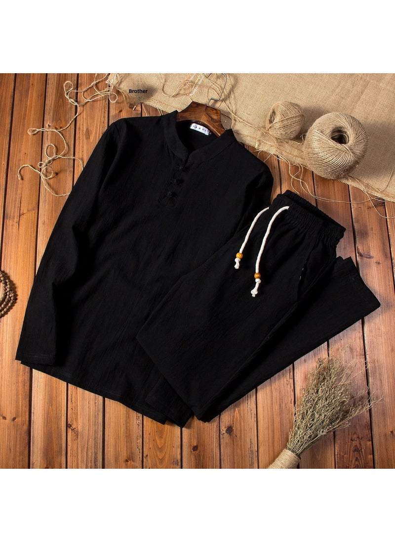Generic Retro Linen Cotton Mens Suit 1976 Black (long-sleeved trousers) 