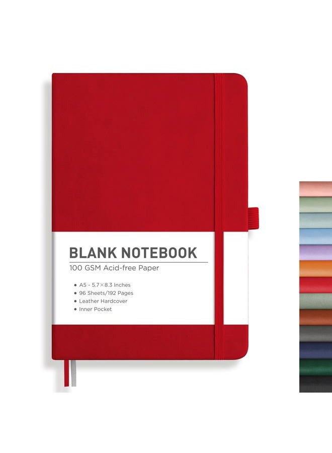 RETTACY Blank Journal Notebook, A5 Blank Journal with 192 Pages, 5.7'' × 8.3'' Medium Size, 68 LB/100 GSM Thick Paper, Leather Hardcover, for Sketching, Drawing, Painting (Red) - Image 1