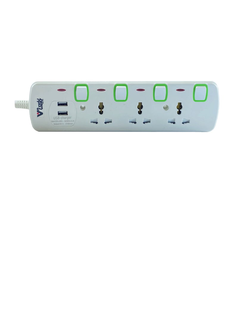 Veto 3-way Extension board/cord +2 USB Ports, 3 Universal Sockets, 13Amp, 3 Mtr Cord - Image 2