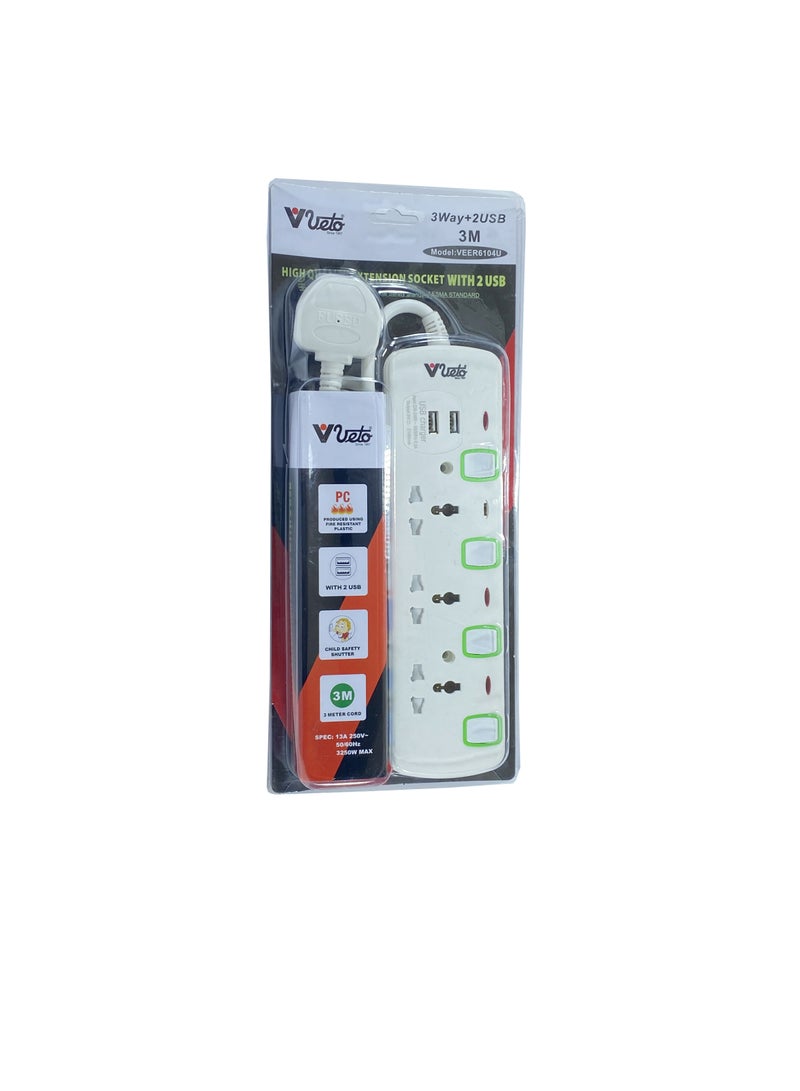 Veto 3-way Extension board/cord +2 USB Ports, 3 Universal Sockets, 13Amp, 3 Mtr Cord - Image 3