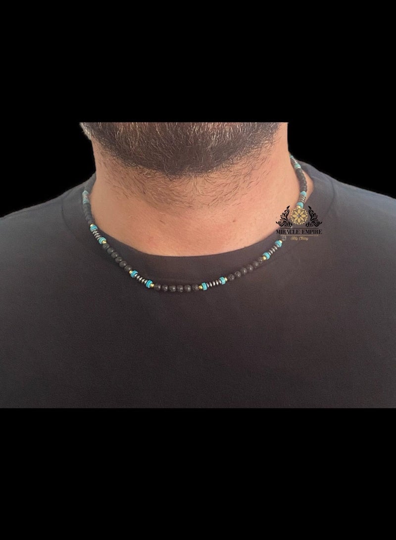 Miracle Empire Men Necklace Natural Stones 4MM Volcanic Lava Turquoise And Hemitate - Image 2