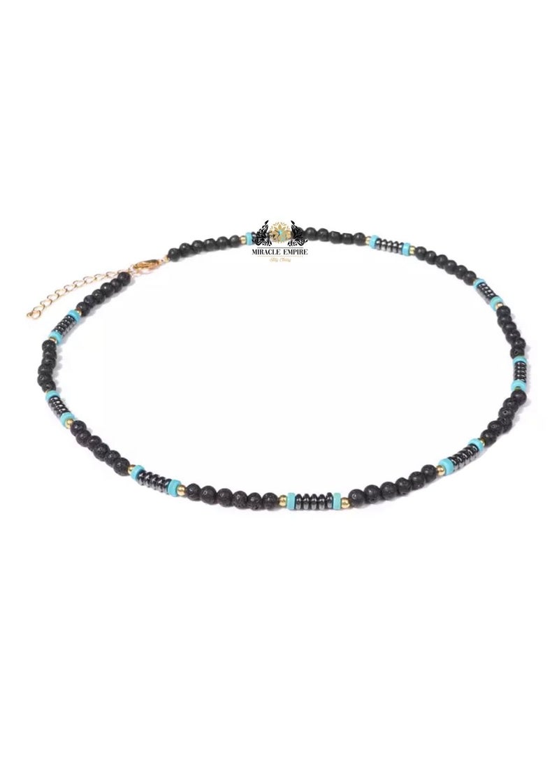 Miracle Empire Men Necklace Natural Stones 4MM Volcanic Lava Turquoise And Hemitate - Image 1