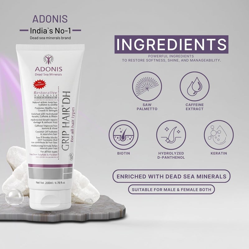 Adonis GRIP Hair DH Mask with Dead Sea Minerals Keratin & Biotin for Dry Damaged Hair  Deep Hydration Repair Strength & Shine  Paraben Sulphate Alcohol Free (200 ml) - Image 2