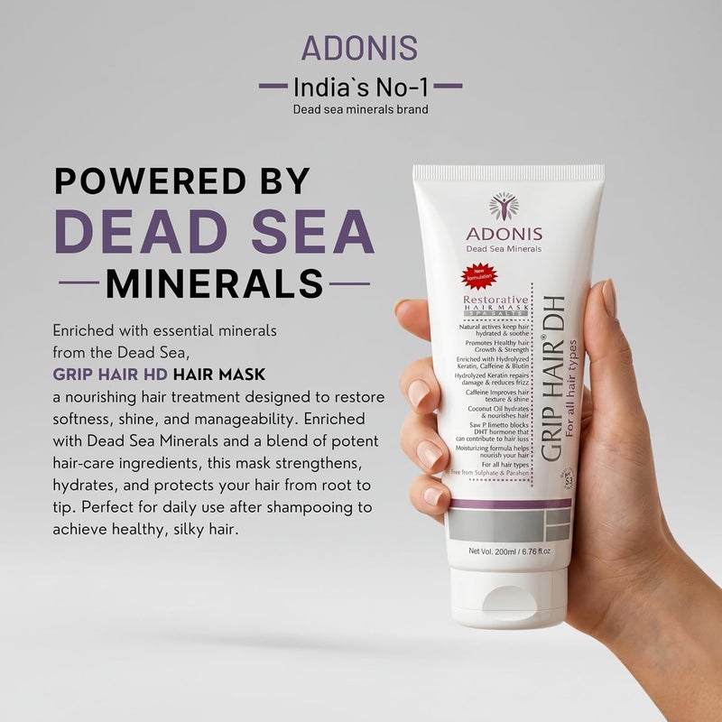 Adonis GRIP Hair DH Mask with Dead Sea Minerals Keratin & Biotin for Dry Damaged Hair  Deep Hydration Repair Strength & Shine  Paraben Sulphate Alcohol Free (200 ml) - Image 1
