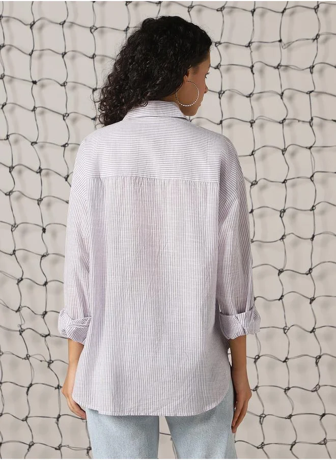 هوبرهولمي Women Shirts in Purple featuring Oversized fit with a strip pattern, spread collar collar, collar neckline, full sleeve, secured with button closure, crafted from 100% cotton – a stylish must-have for any occasion.