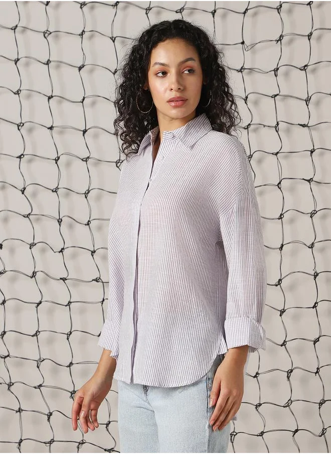 هوبرهولمي Women Shirts in Purple featuring Oversized fit with a strip pattern, spread collar collar, collar neckline, full sleeve, secured with button closure, crafted from 100% cotton – a stylish must-have for any occasion.